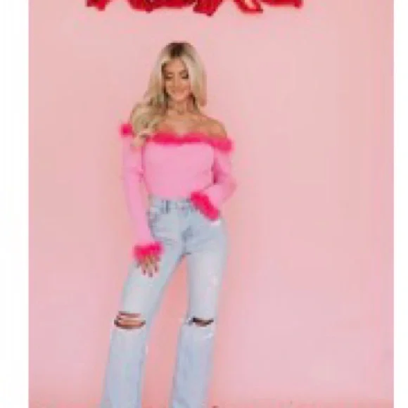 Pink Off-Shoulder Top Feather Trim These Three Boutique Valentines Day Top Med - Picture 1 of 6